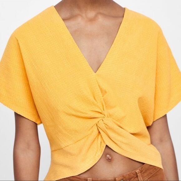 ZARA mustard knotted textured weave top Sz S - Picture 1 of 8